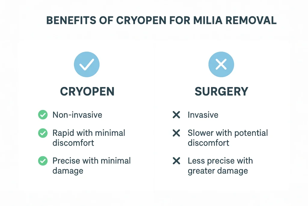 Benefits of cryopen for milia removal South Kensington compared to surgical treatments.