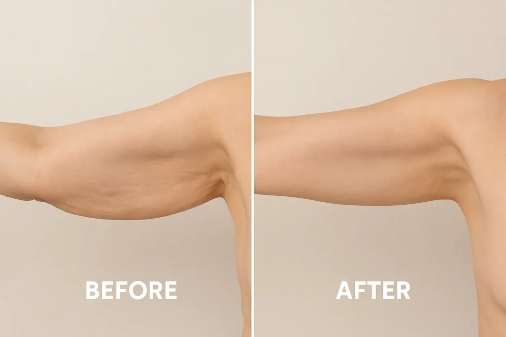 Picture of LA LIPO South Kensington before and after results of skin tightening treatment on the upper arms.