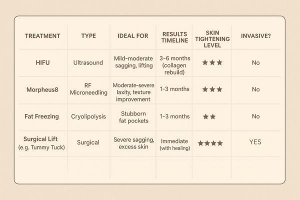 Table showing the comparisons of Skin tightening South Kensington treatment options.